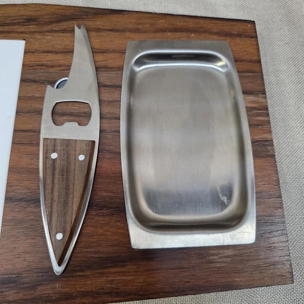 VTG Mid Century Modern Wooden Cheese Board w Knife Birds Floral 60/70s Stainless